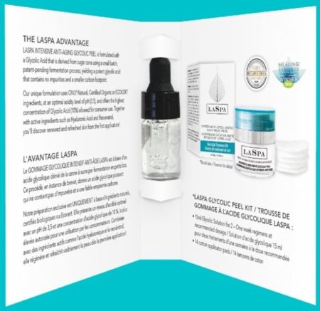 LASPA Popup Banner - A 2.5ml bottle of glycolic peel kit with a brief description in English and French