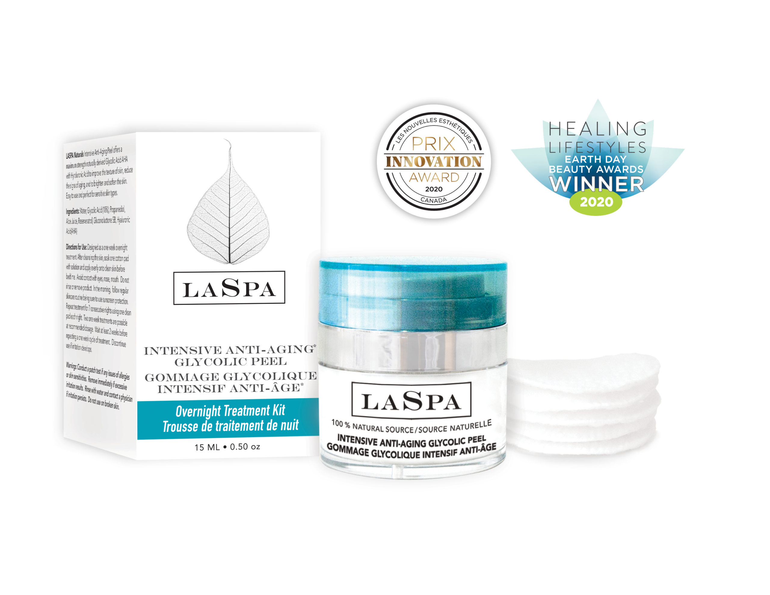 LASPA glycolic peel for Chemical Exfoliation with its packaging,pads and its awards