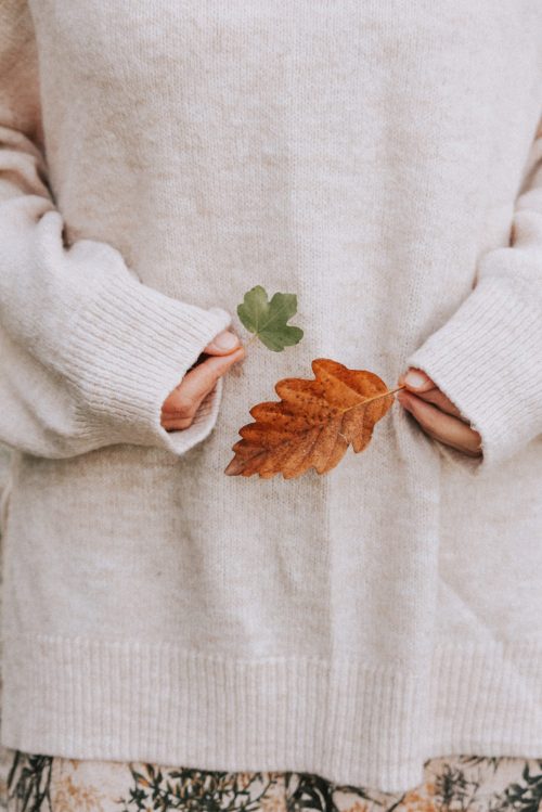 girl holding a green leaf and a fall leaf